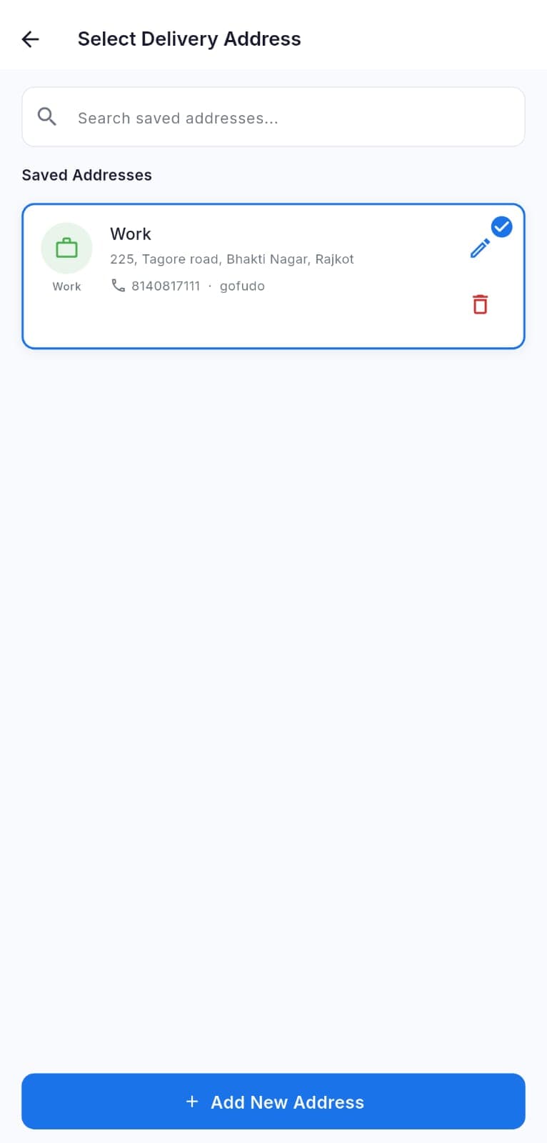 Set your delivery address in the GoFudo app