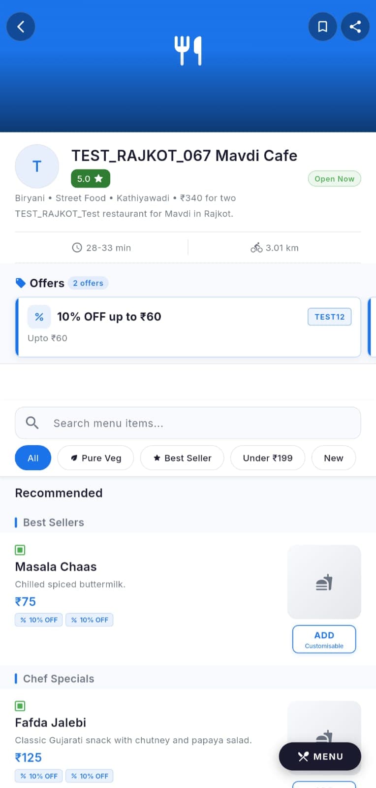 Order at menu price in the GoFudo app